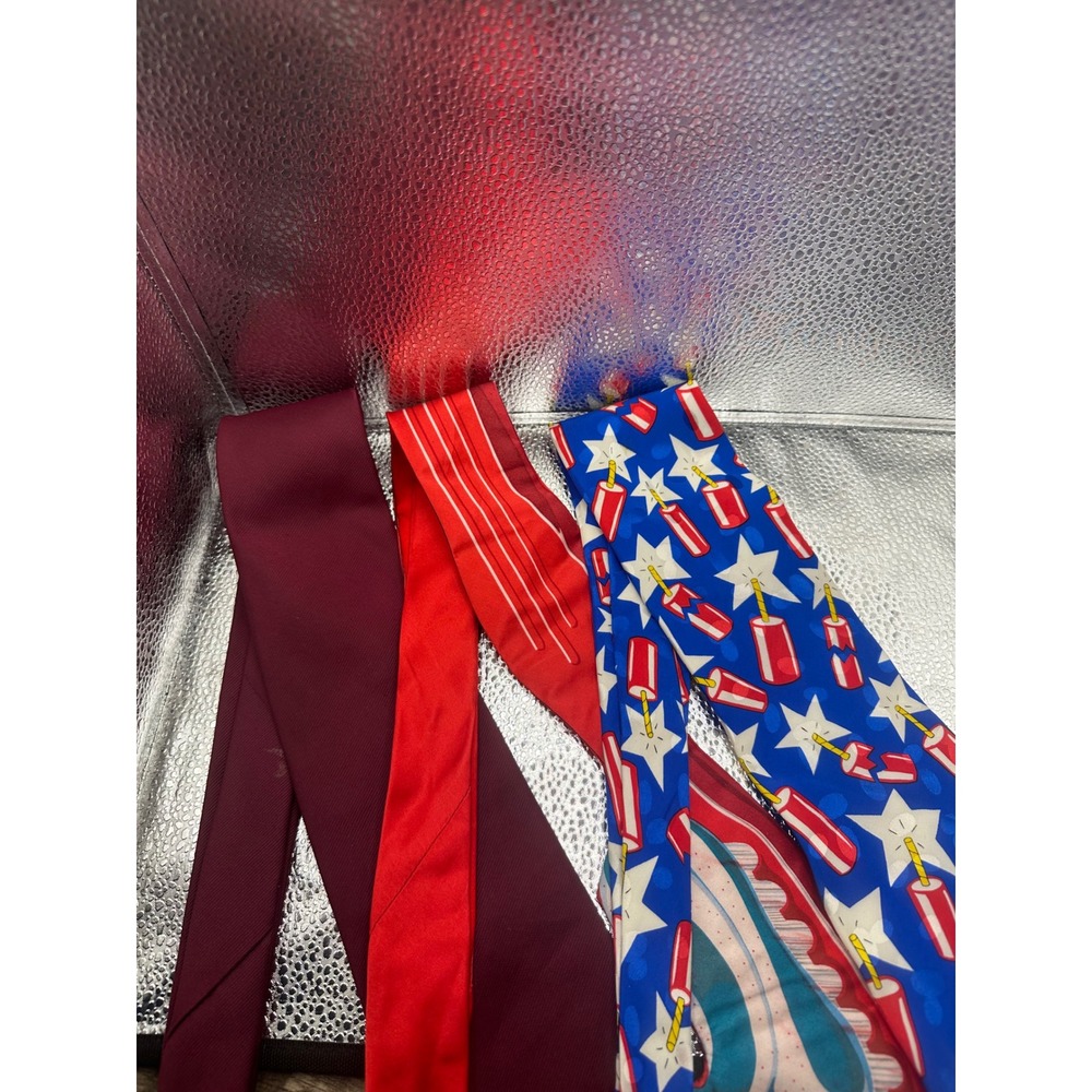 Lot of 3 Mens Ties Patriotic Firecracker Red Striped Burgundy American Edition